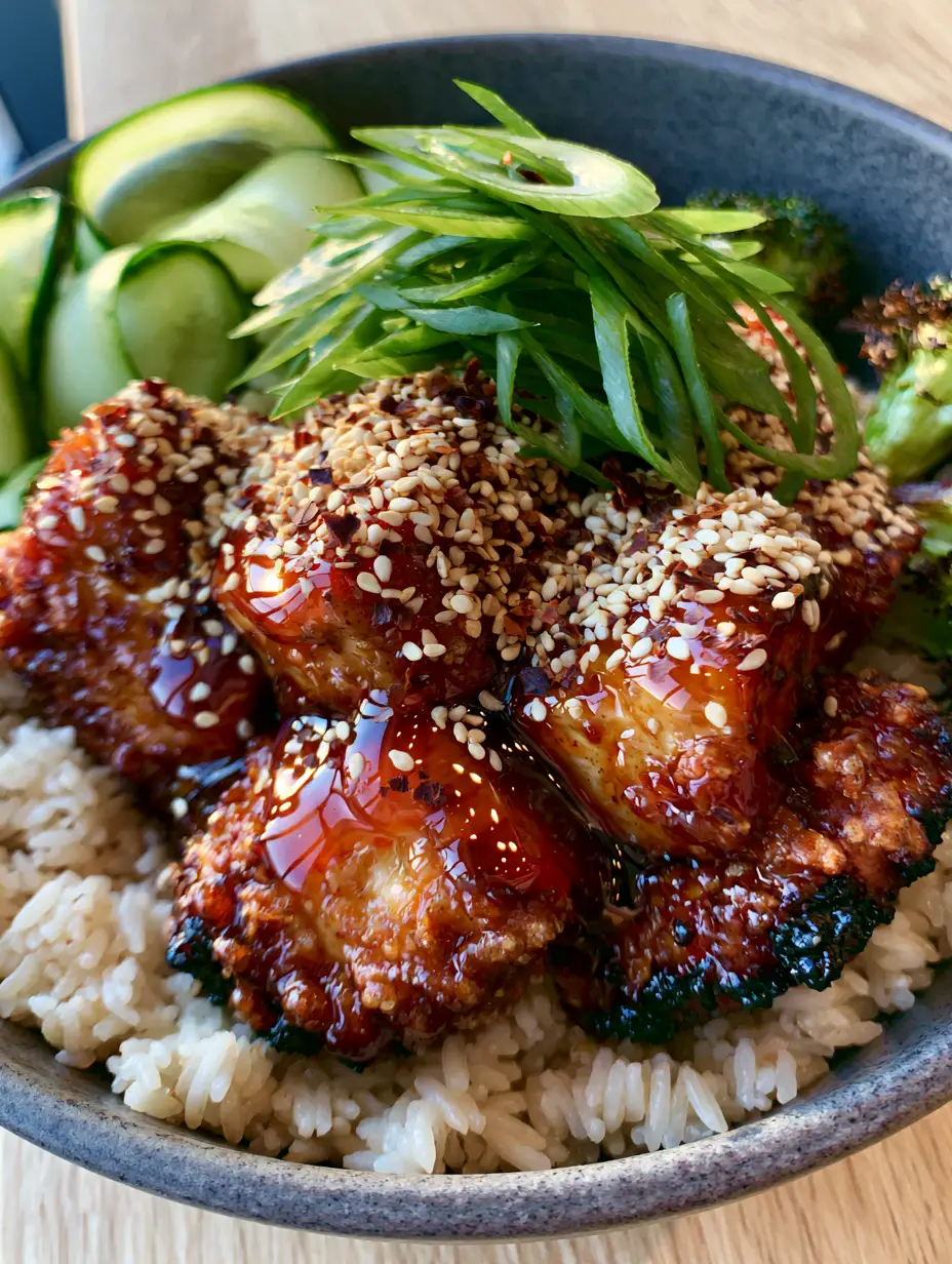 Hot Honey Chicken Bowl: The Ultimate Crispy and Glossy Weeknight Meal 3 Extreme close-up of crispy Hot Honey Chicken Bowl showing the glistening amber-red glaze and charred edges.