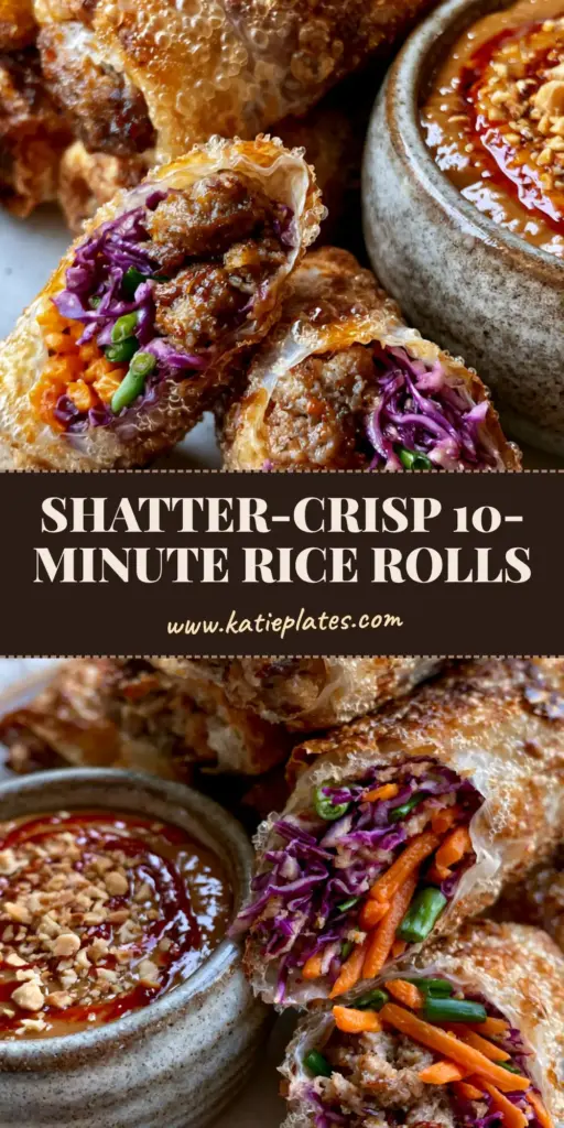 Crispy Rice Paper Rolls: The Ultimate Air-Fried Golden Crunch Guide 4 A stack of golden-brown air-fried crispy rice paper rolls on a stoneware plate with a side of peanut sauce and chili oil.