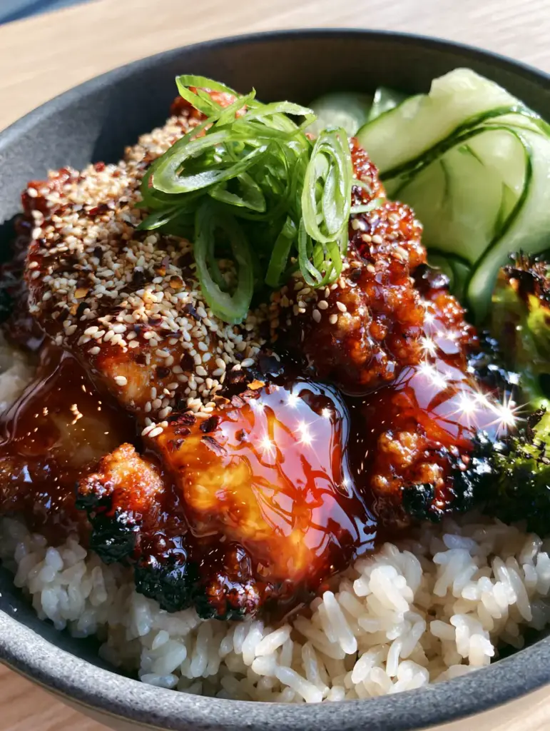 Hot Honey Chicken Bowl: The Ultimate Crispy and Glossy Weeknight Meal 1 Close-up of charred broccoli florets and sesame seed garnish on a Hot Honey Chicken Bowl.