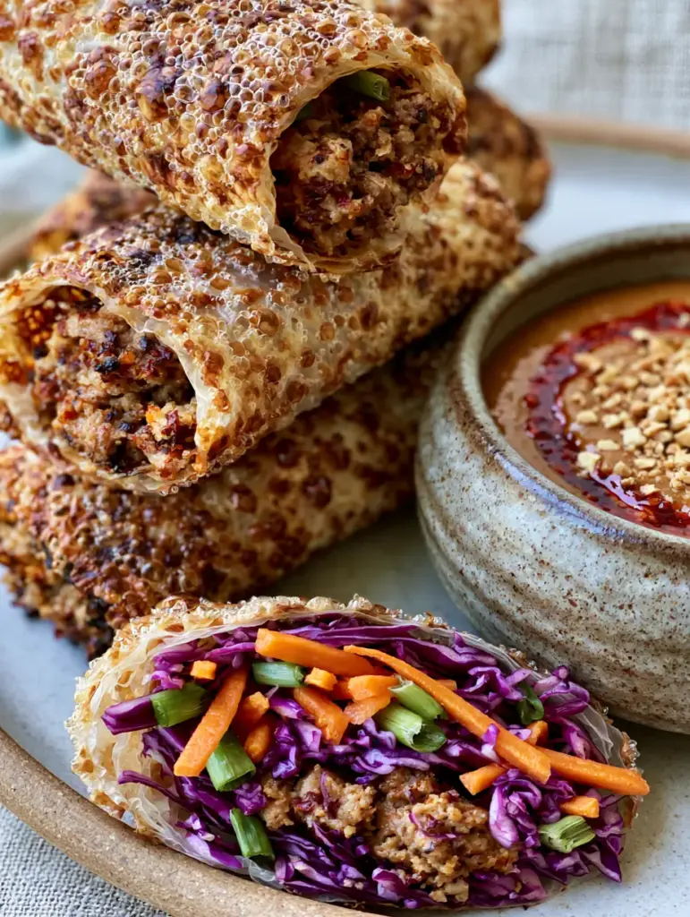 Crispy Rice Paper Rolls: The Ultimate Air-Fried Golden Crunch Guide 1 Diagonal slice of a crispy rice paper roll showing purple cabbage and orange carrot interior.