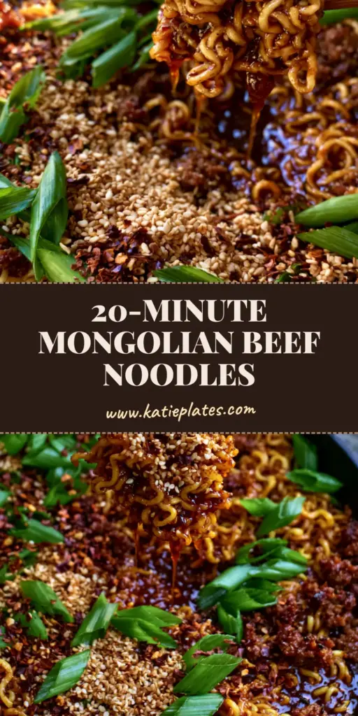 Mongolian Ground Beef Noodles with a Thick Mahogany Soy-Ginger Sauce 4 A top-down view of Mongolian Ground Beef Noodles in a cast iron skillet with wavy noodles and a mahogany sauce. (Mongolian Ground Beef Noodles)