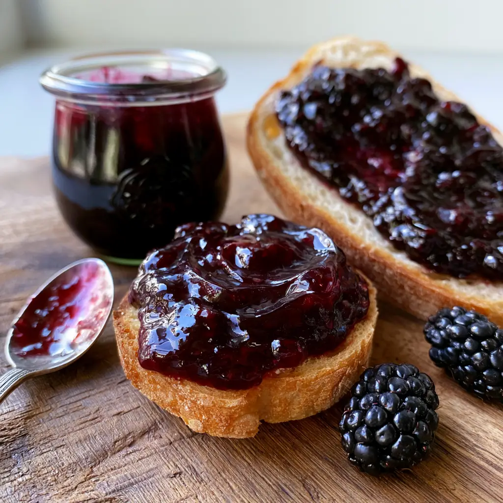 A silver spoon coated in shimmering blackberry jam residue resting on a rustic wooden table.