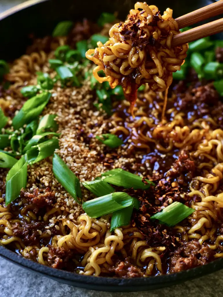 Extreme close-up of tangled ramen noodles in a dark mahogany sauce with seared beef and green onions. (Mongolian Ground Beef Noodles)