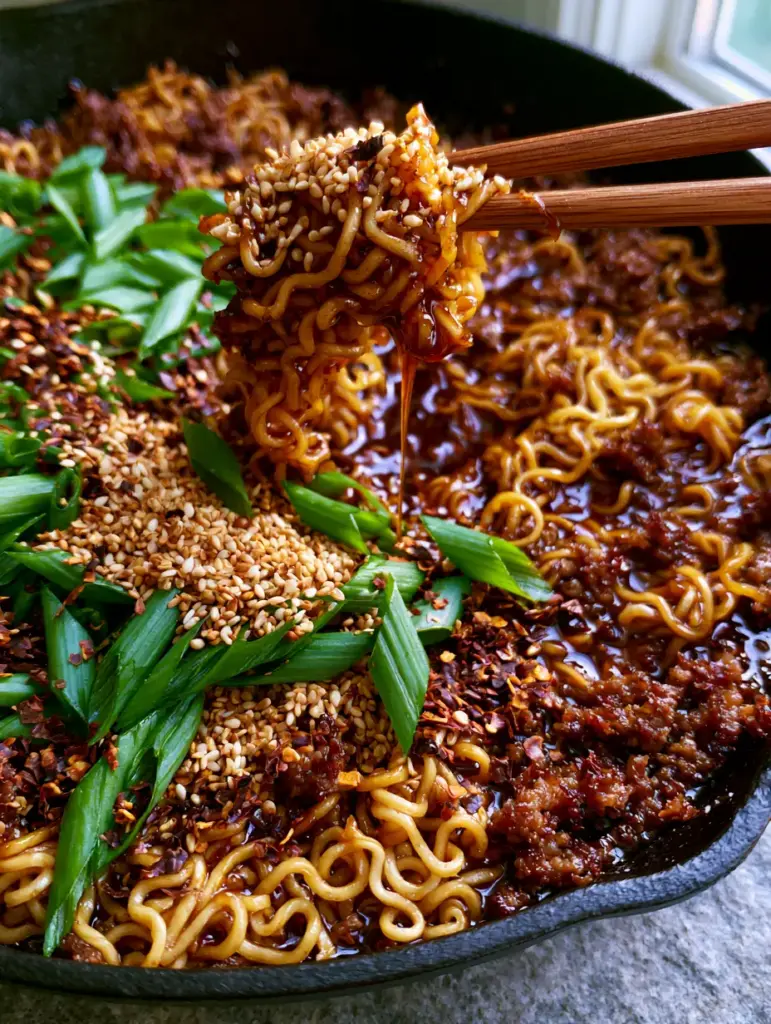 Mongolian Ground Beef Noodles with a Thick Mahogany Soy-Ginger Sauce 1 A wooden chopstick pair lifting a cluster of sticky Mongolian Ground Beef Noodles from a black skillet.