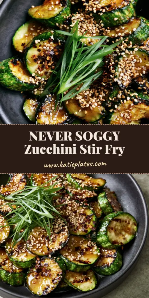 A close-up of a Zucchini stir fry recipe in a matte black bowl featuring charred half-moons and glossy glaze.