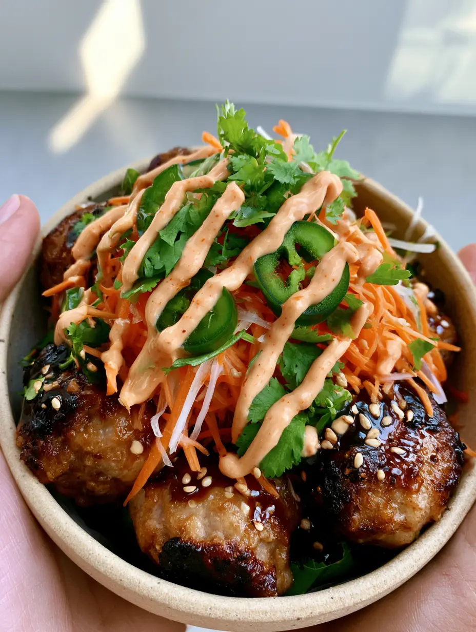 Banh Mi Meatballs with Sticky Hoisin-Honey Glaze and Pickled Veggies 3 Handheld view of a ceramic bowl filled with Banh Mi Meatballs, jasmine rice, and cilantro sprigs.