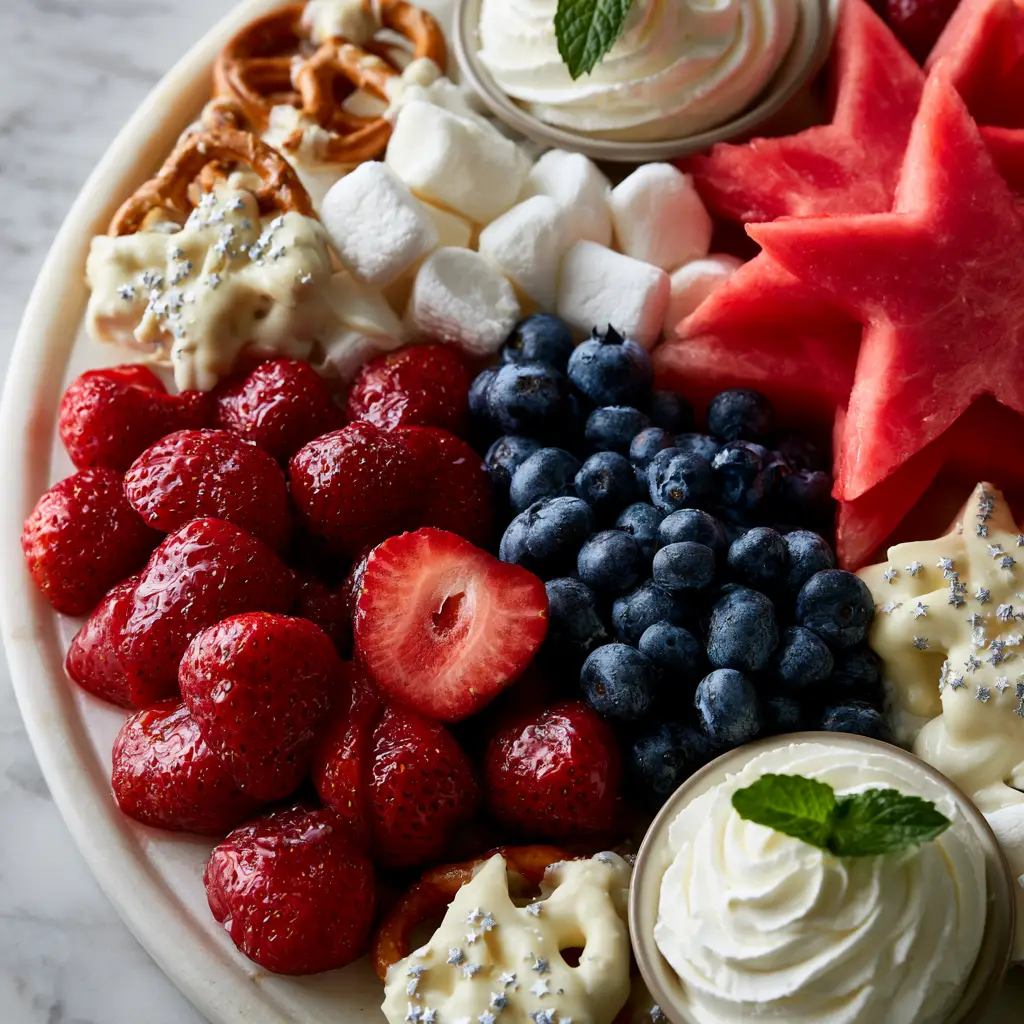 A wide overhead shot of a 4th of july food platter on light marble with soft natural sunlight.