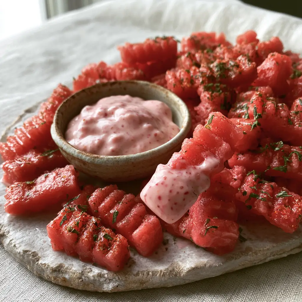 Handheld smartphone photo of vibrant red crinkle-cut watermelon fries on a rustic stone platter with pale-pink dip.