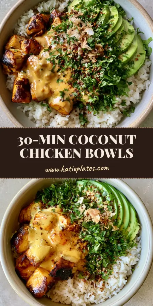 Coconut Chicken Rice Bowl: The Ultimate 30-Minute Tropical Dinner 4 A handheld smartphone photo of a Coconut Chicken Rice Bowl with charred chicken and avocado crescents in a ceramic bowl.