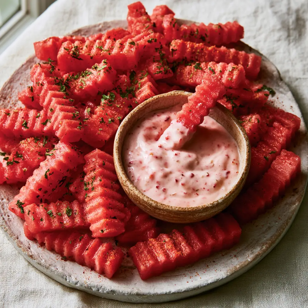 Watermelon Fries with Thick Strawberry Yogurt Dip and Fine Tajin Dusting 1 Close up of a watermelon fry being dipped into thick strawberry yogurt dip with visible seeds.