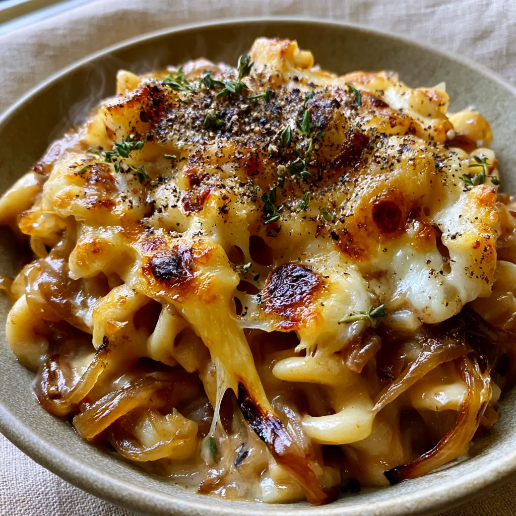A fork lifting Caramelized Onion Pasta showing a dramatic cheese pull from the melted Gruyere.