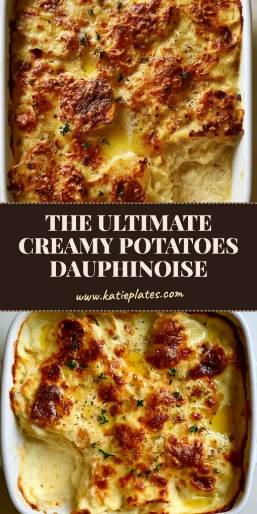 A close-up shot of Potatoes Dauphinoise in a white dish, showing bubbling Gruyere cheese, vertical potato layers, and fresh thyme. (Potatoes Dauphinoise)