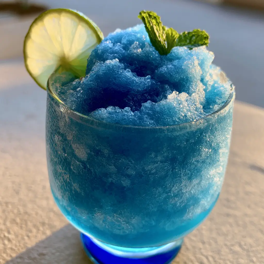 Handheld smartphone photo of a blue raspberry slushie with micro-fine ice crystals and mint sprig. (slushie machine recipes)