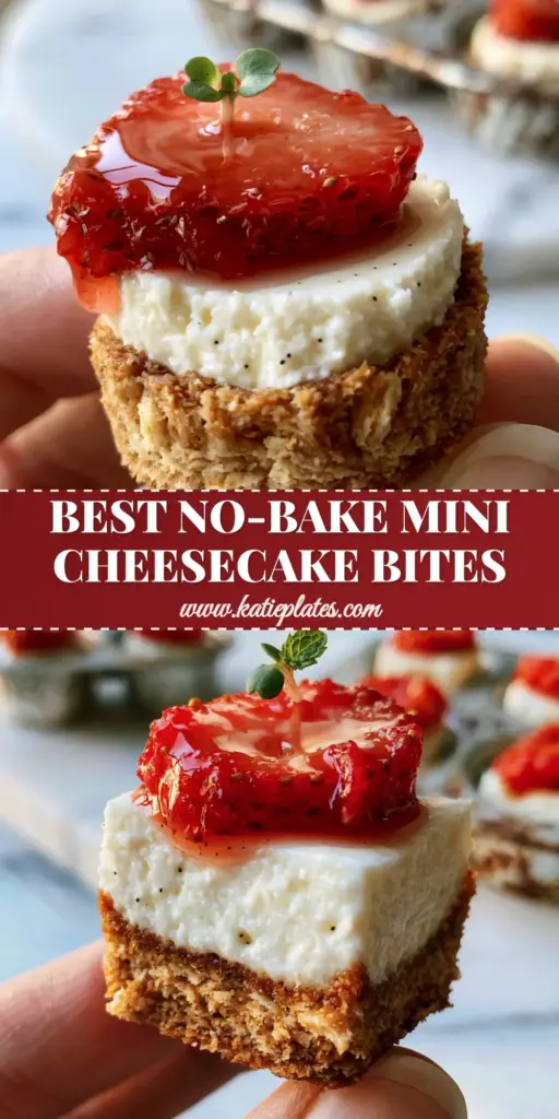 Close-up of a single mini cheesecake bite with a graham cracker crust, vanilla bean filling, and a glossy strawberry on top held by fingers. (Mini cheesecake bites)
