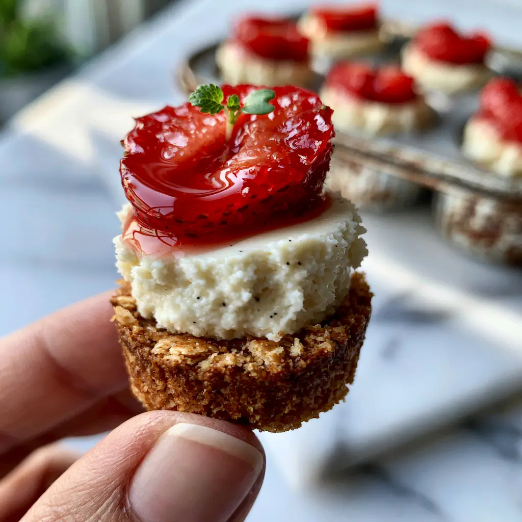 Several mini cheesecake bites in a silver muffin tin on a marble surface with natural side-lighting. (Mini cheesecake bites)