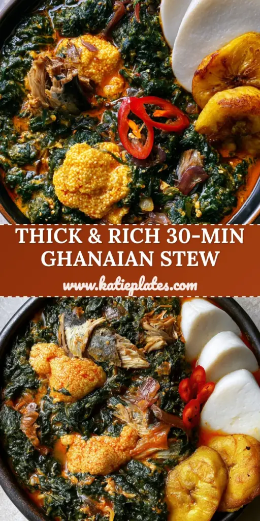 Ghanaian Spinach Stew: Authentic Kontomire with Egusi and Smoked Mackerel 3 An overhead view of Ghanaian Spinach Stew (Kontomire) in a black bowl with golden egusi, smoked mackerel, steamed yam, and fried plantains.