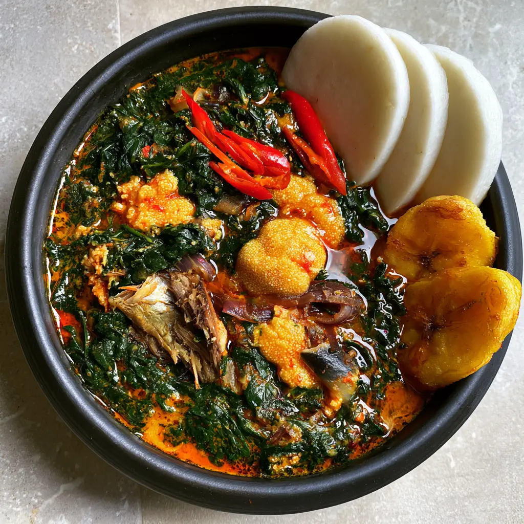 Ghanaian Spinach Stew: Authentic Kontomire with Egusi and Smoked Mackerel 2 Close up of emerald green spinach stew with chunky melon seeds and rich orange palm oil. (Ghanaian Spinach Stew)
