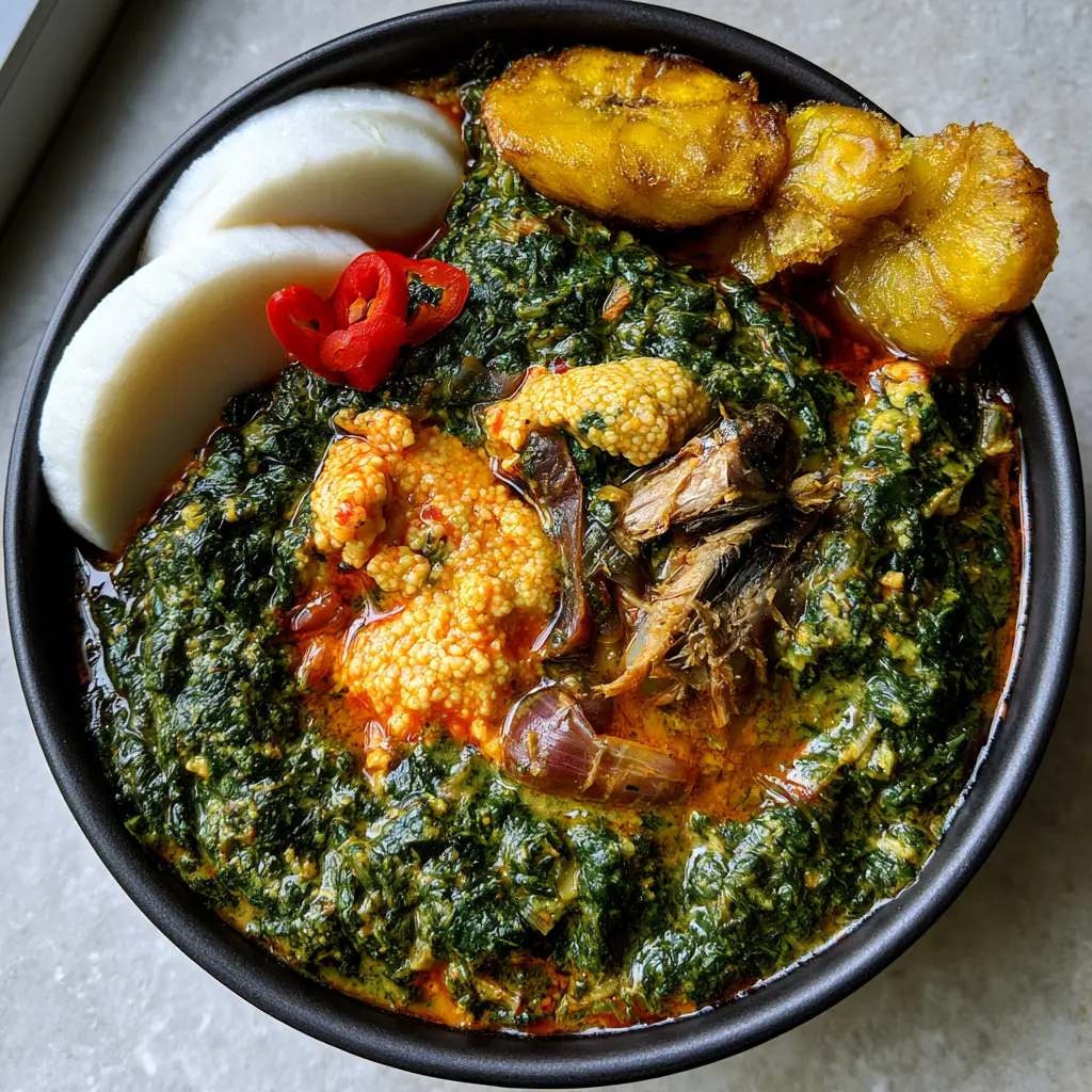Ghanaian Spinach Stew: Authentic Kontomire with Egusi and Smoked Mackerel 1 Ghanaian Spinach Stew served in a rustic black bowl with sides of white yam and caramelized plantains.