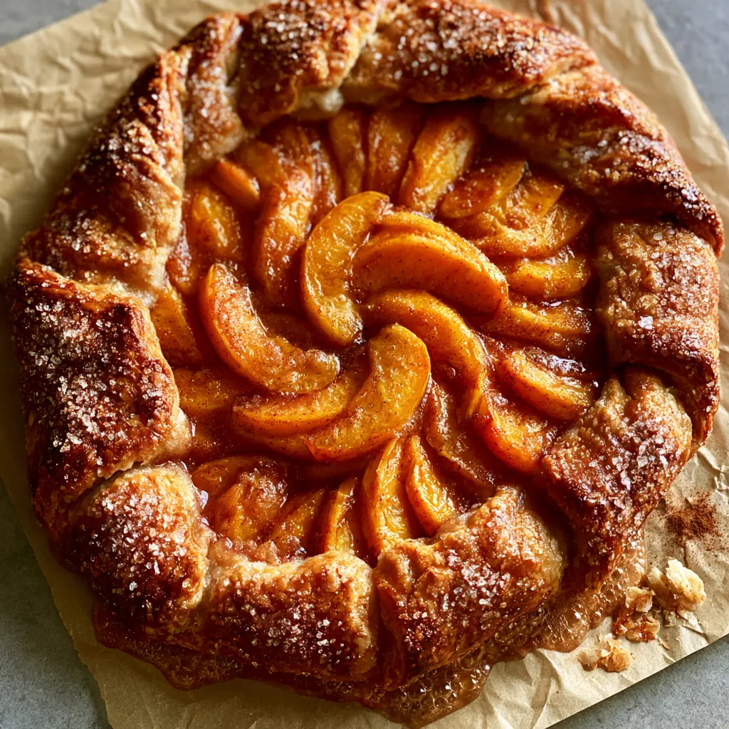 Top-down extreme close-up of a peach galette on crinkled parchment with simmering peach juices and concentric circles of fruit. (peach galette recipe)