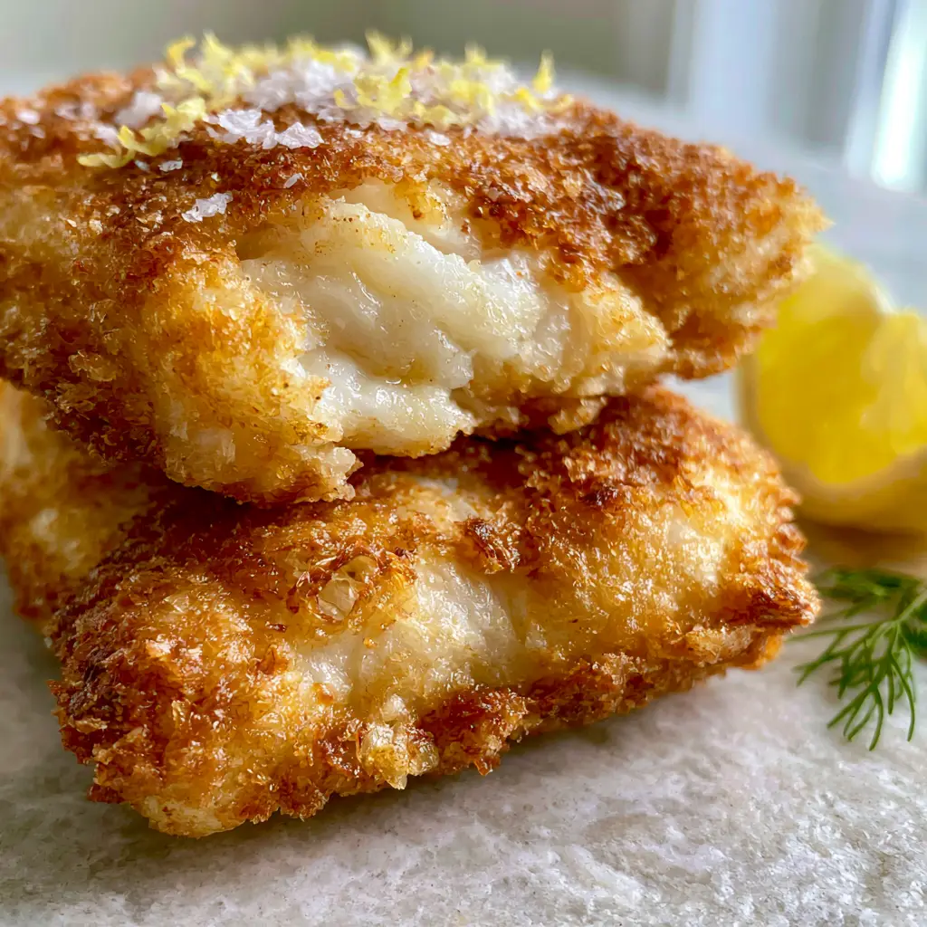 Fried cod: The Ultimate Shatter-Crisp Air-Fried Panko Recipe 2 Close-up of shatter-crisp fried cod showing the jagged panko texture and airy pockets. (Fried cod)