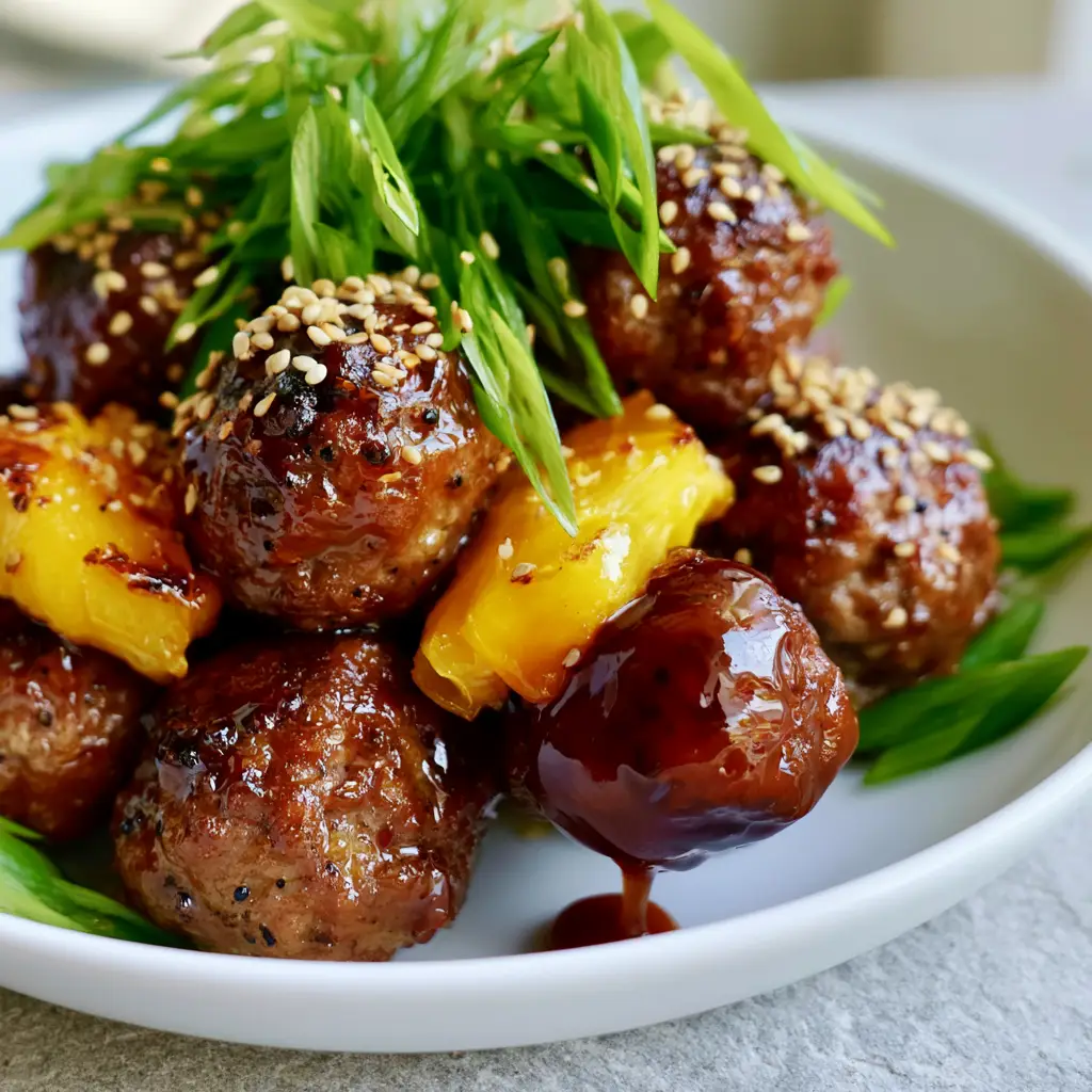 Slow-cooked Hawaiian meatballs garnished with fresh green scallions and toasted white sesame seeds.