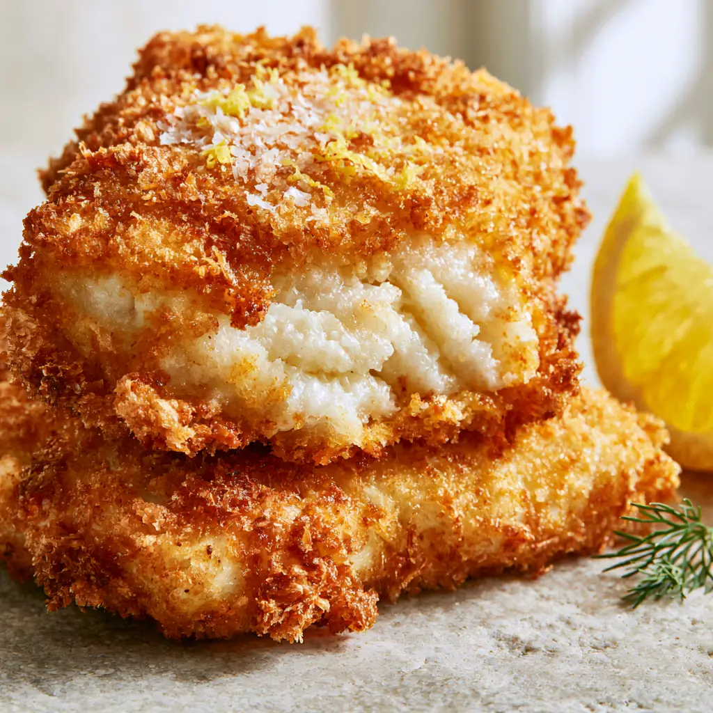 Fried cod: The Ultimate Shatter-Crisp Air-Fried Panko Recipe 1 A broken fillet of air-fried cod revealing steaming, moist, snow-white flaky layers inside.