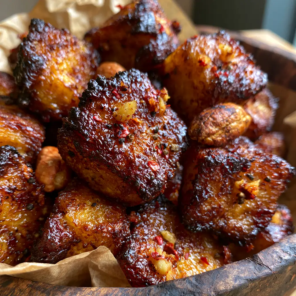 Kelewele fried plantain cubes served in a wooden bowl with roasted peanuts, demonstrating traditional Ghana recipes.