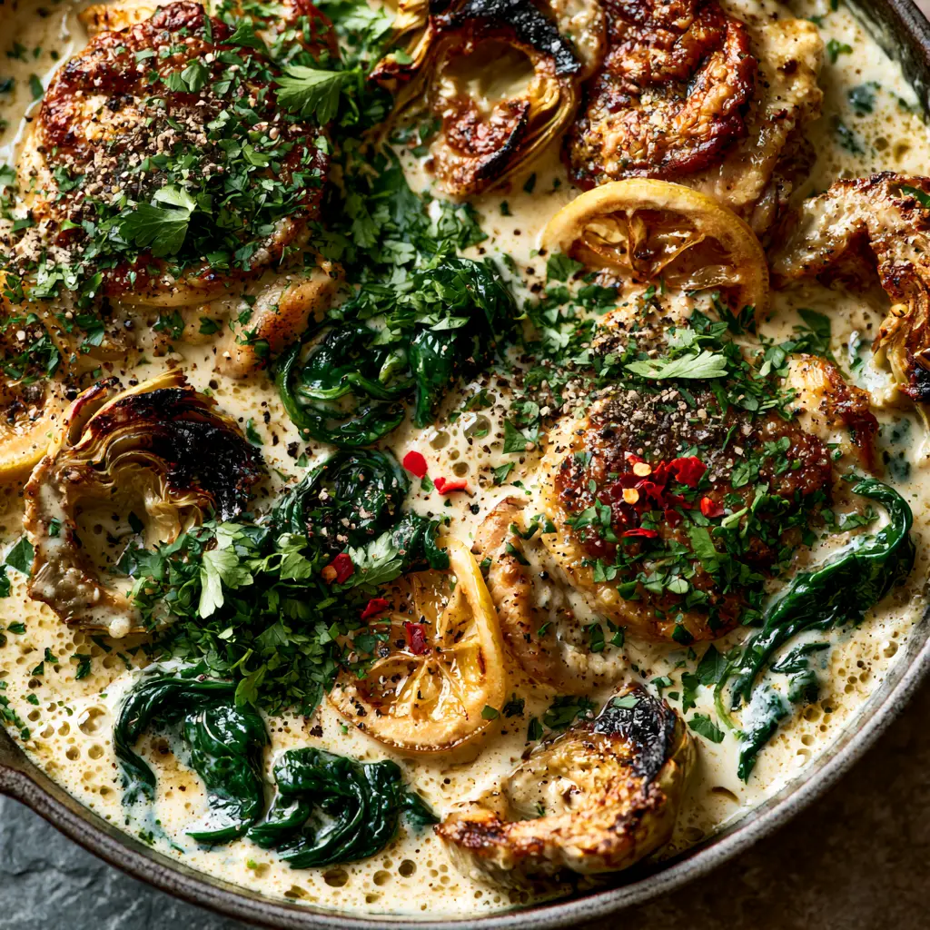 Rustic cast iron skillet with Chicken Artichoke Skillet, charred artichokes, and caramelized lemon wheels.