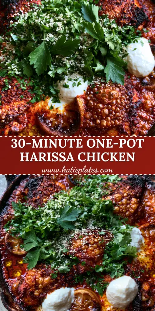 A top-down view of a cast iron skillet featuring North African recipes: harissa chicken with charred lemons, cilantro, and dollops of labneh.
