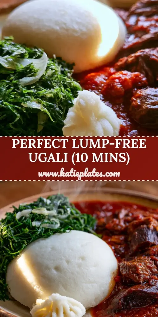 A clean, authentic plate of African food ugali featuring a smooth white maize mound, braised beef in red gravy, and sautéed greens.