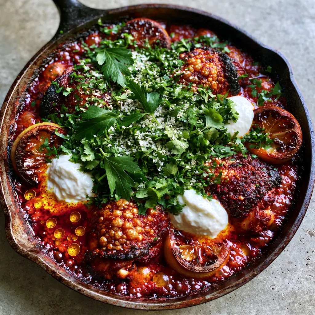 Rustic cast iron skillet with charred lemons and melting labneh dollops. (North African recipes)