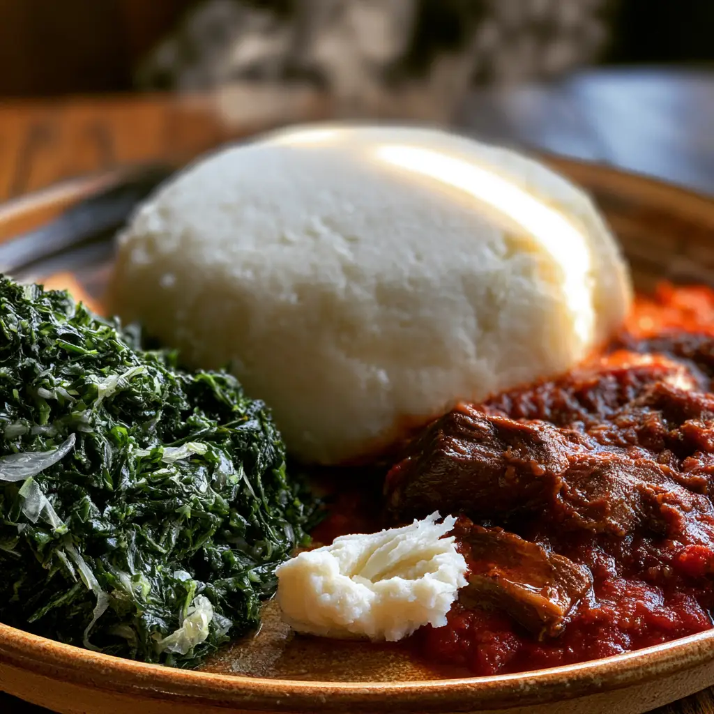 Close up of the pinched texture of African food ugali next to vibrant sukuma wiki and tender beef chunks.