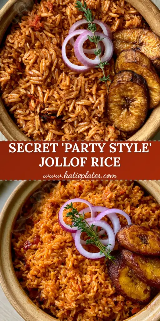 A top-down view of Nigerian Jollof Rice in a ceramic pot with fried plantains and red onions. (West African recipes)
