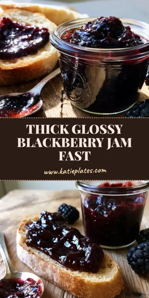 A close-up of a thick slice of sourdough slathered in deep purple jam from a blackberry jam recipe, with a silver spoon nearby.