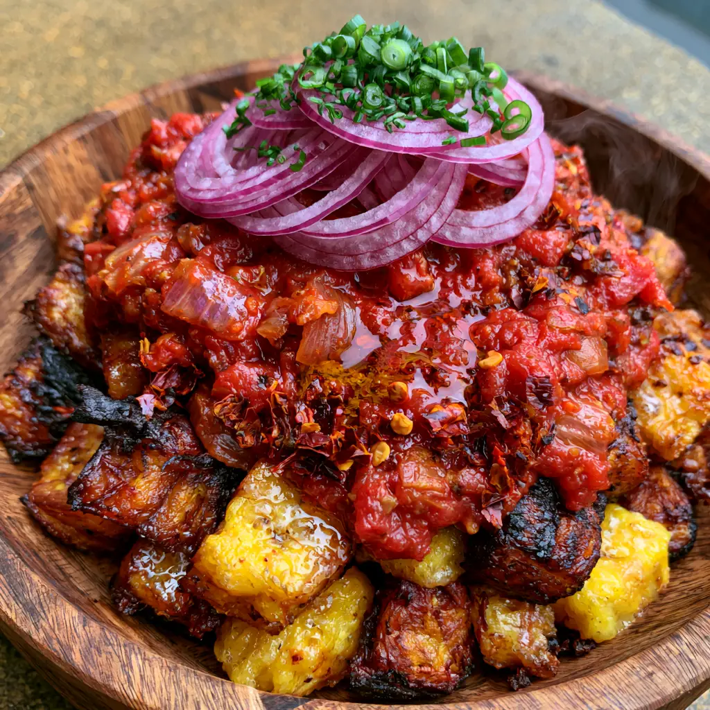 Thick tomato sauce with visible onion chunks poured over fried plantains in a wooden bowl.