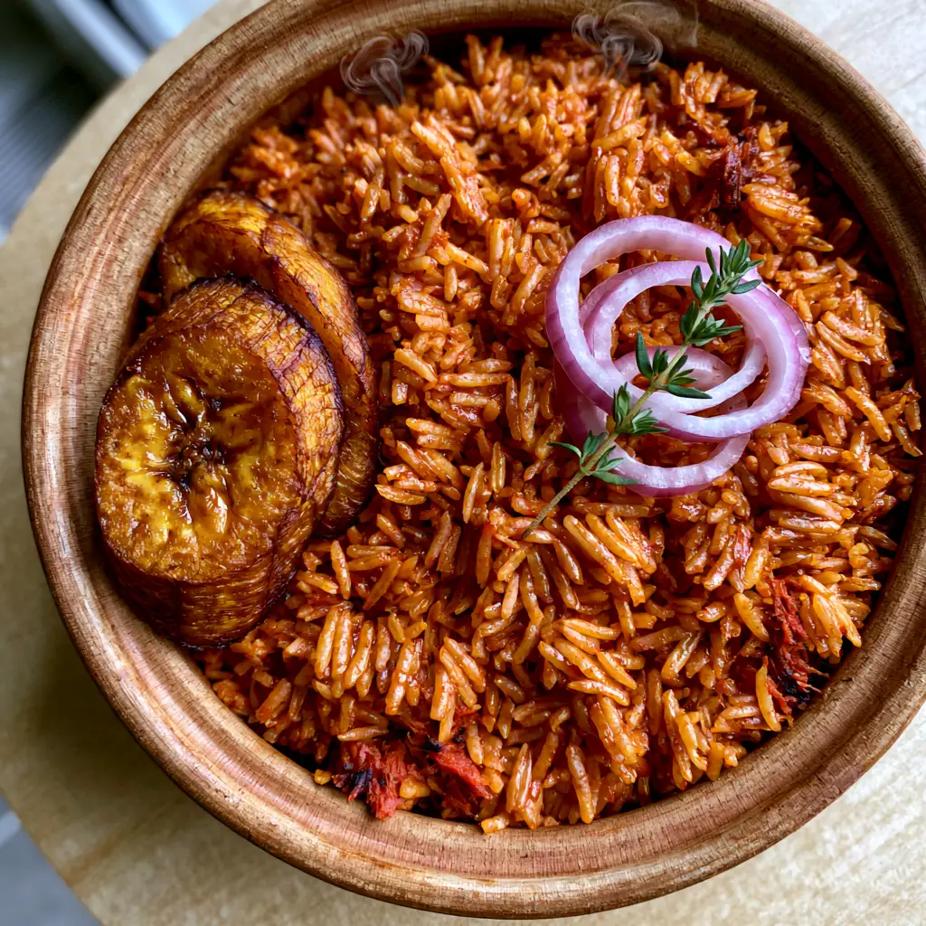 Close up of caramelized fried plantains and charred rice bits at the edge of a Jollof rice pot.
