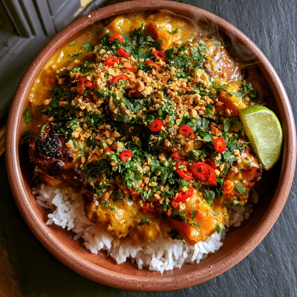 African Dinner Recipes: Authentic West African Peanut Stew with Seared Chicken 2 Close-up of glossy golden-orange peanut sauce with charred chicken and sweet potato cubes. (African dinner recipes)
