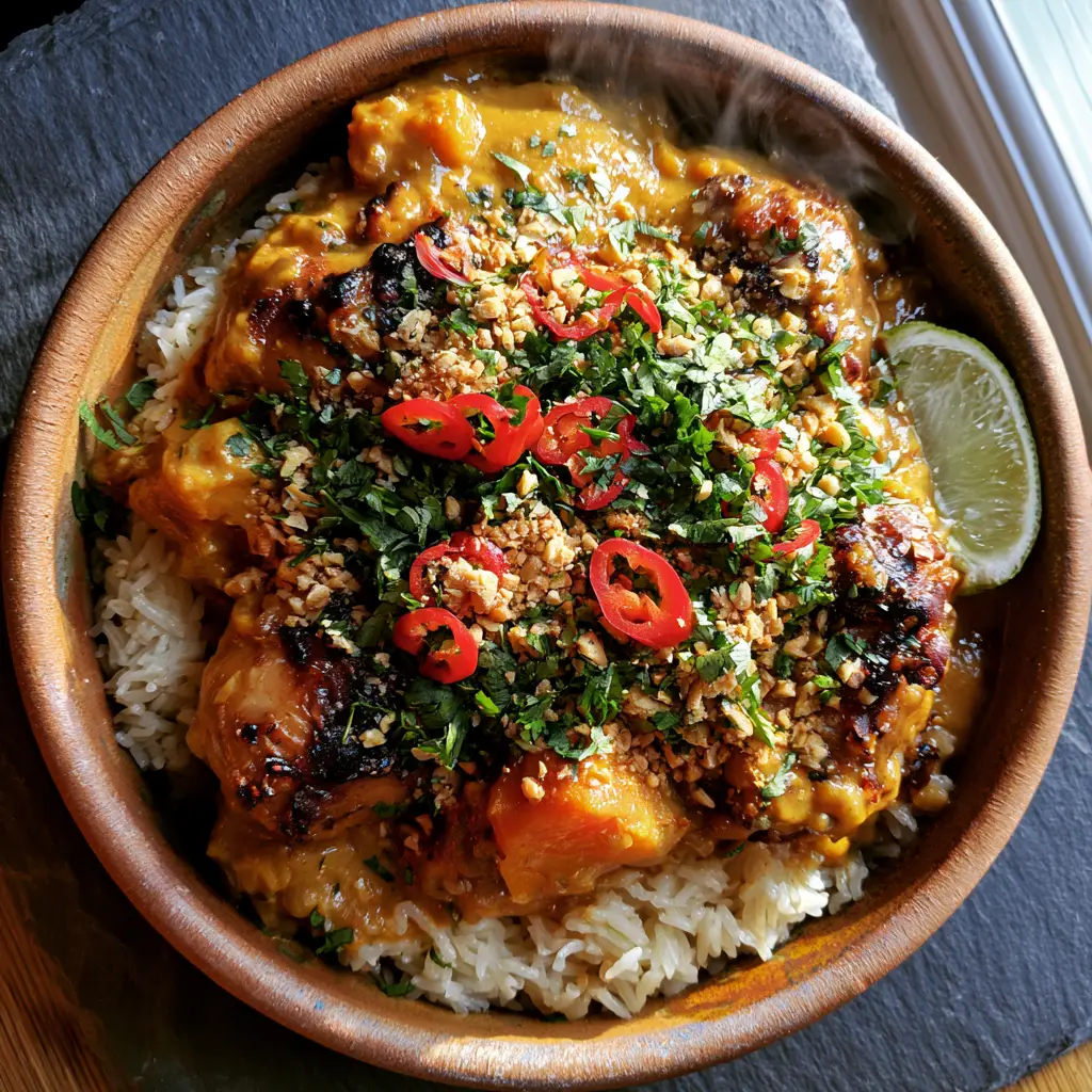 African Dinner Recipes: Authentic West African Peanut Stew with Seared Chicken 1 Steaming mound of jasmine rice being topped with West African peanut stew and red bird eye chilis.