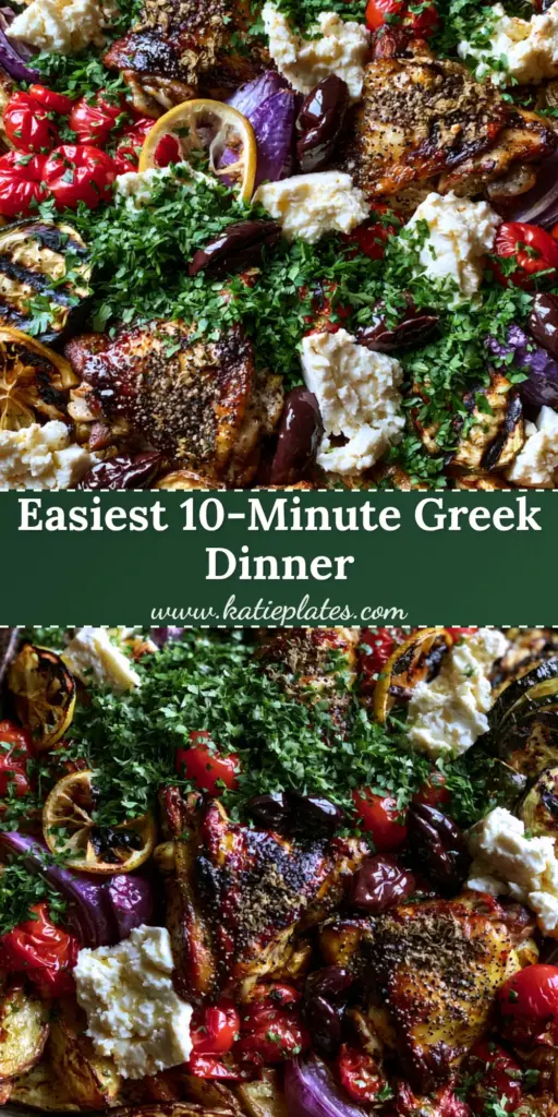 A top-down view of a weathered dark metal sheet pan filled with golden potato wedges, charred chicken thighs, blistered tomatoes, and crumbled feta. (Greek chicken recipes)