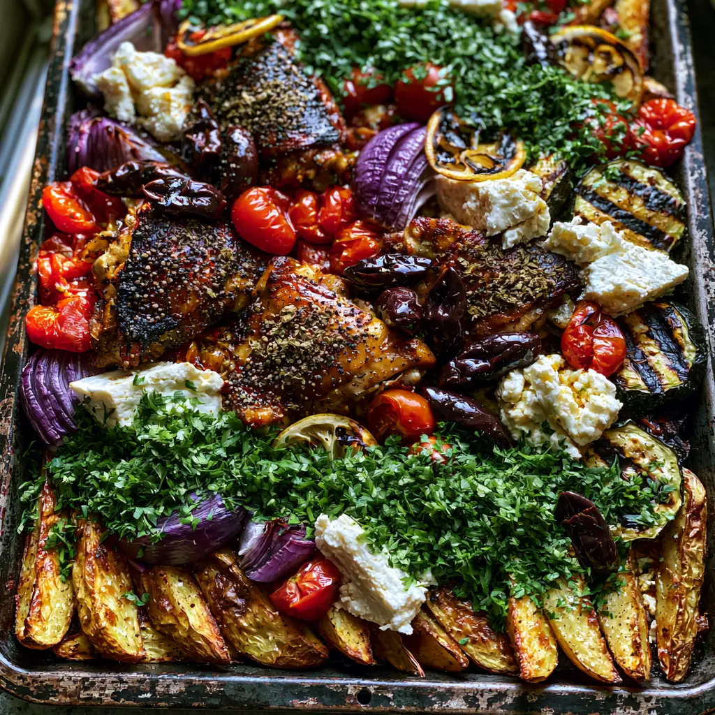 Top-down view of a Mediterranean feast with golden potatoes, purple onions, and white feta crumbles on a dark metal pan.