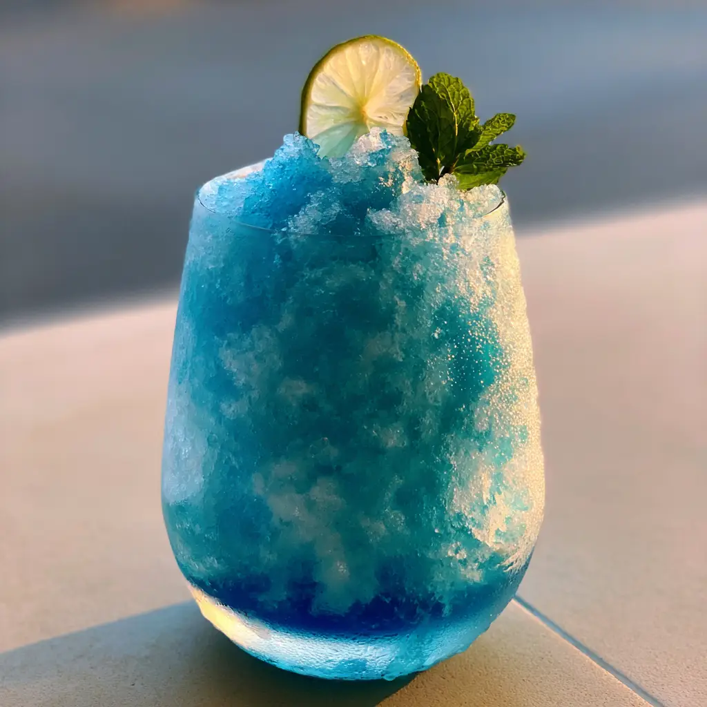 A glowing blue raspberry slushie at golden hour, showcasing the results of expert slushie machine recipes.