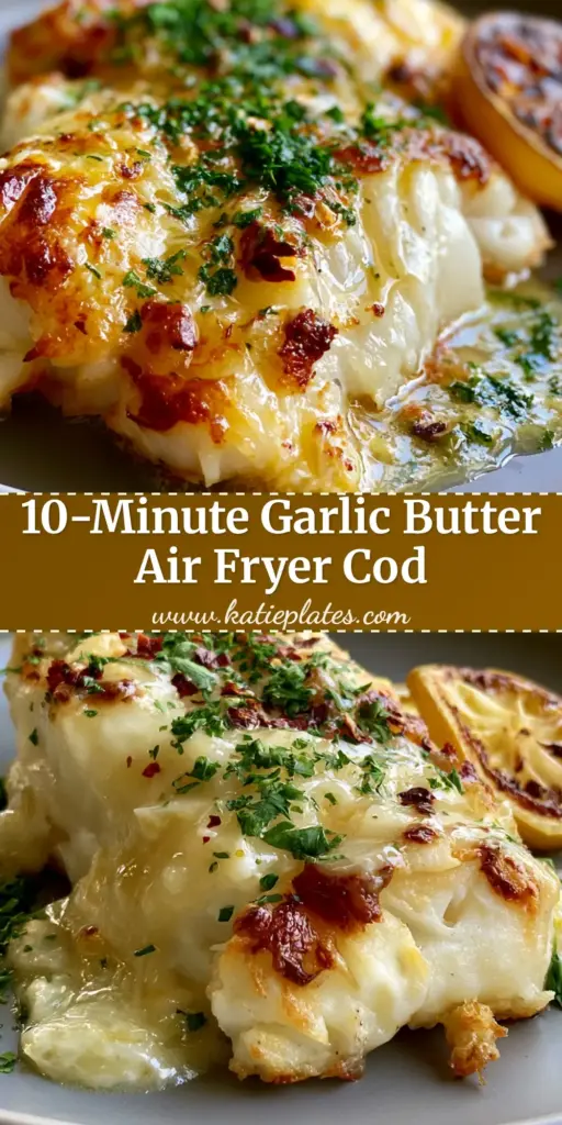 A close-up of Air Fryer Garlic Butter Cod with golden seared edges and a glossy lemon sauce on a grey plate. (Air Fryer Garlic Butter Cod)