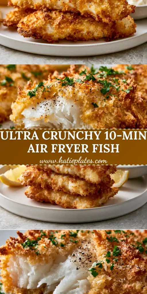 A vertical hero shot showing three golden-brown panko-crusted cod fillets on a white plate with lemon wedges and tartar sauce. (air fryer crispy white fish)