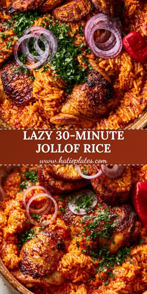 African Recipes: The Ultimate Smokey Jollof Rice with Charred Chicken 4 A top-down shot of vibrant Jollof rice with charred chicken, fried plantains, and sliced red onions in a rustic pot. (African recipes)