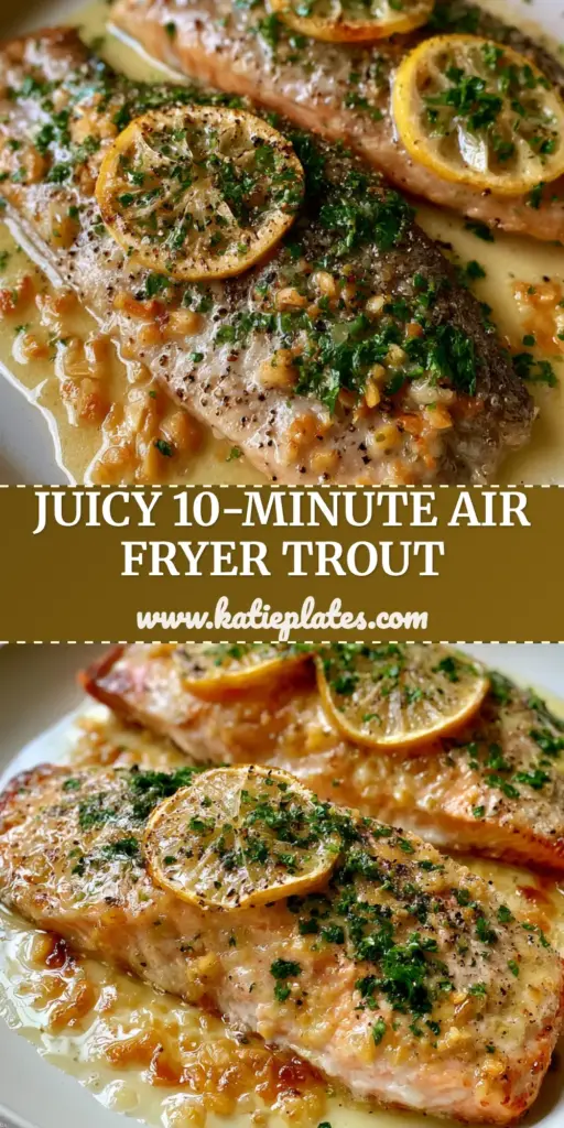 A close up of two air fryer trout fillets on a white plate with charred lemon wheels and garlic butter sauce.