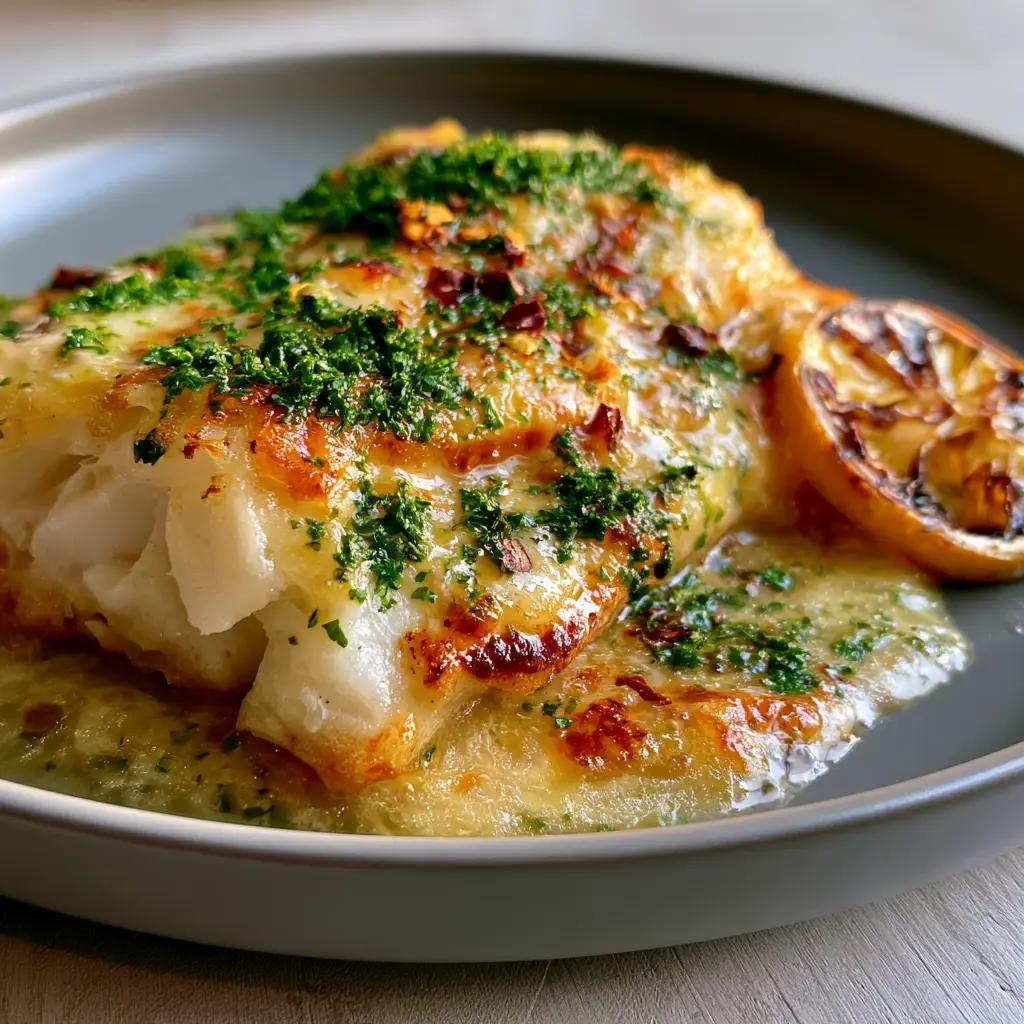 Detailed view of crispy golden seared edges on an air-fried cod fillet with fresh parsley garnish. (Air Fryer Garlic Butter Cod)