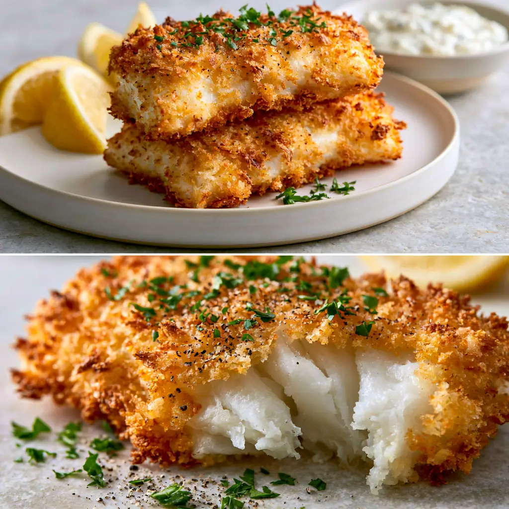 Macro shot of an air-fried cod fillet being broken apart, showing the steaming white interior and crunchy crust.