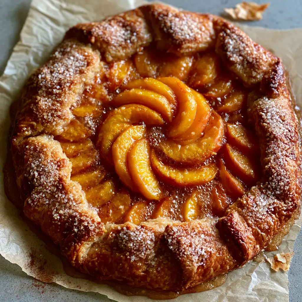 Peach Galette Recipe: A Rustic Summer Tart with Golden Flaky Crust 1 High-angle shot of a deep golden-brown peach galette on a neutral grey stone background with a dusting of cinnamon. (peach galette recipe)