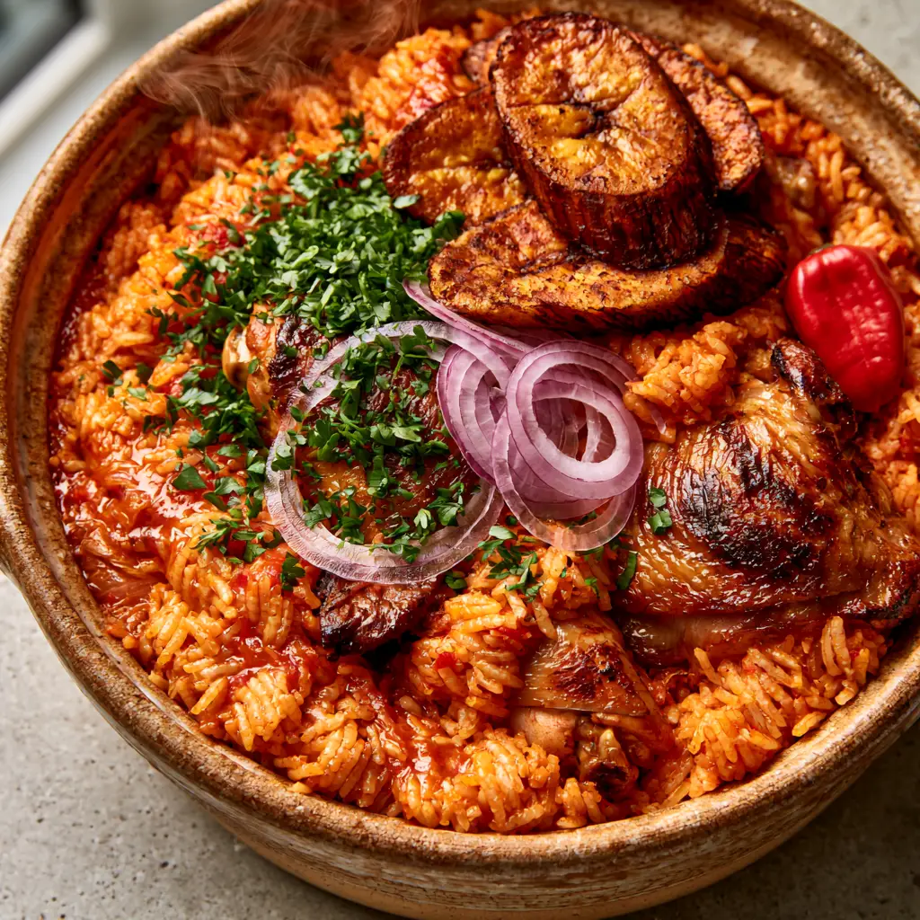 African Recipes: The Ultimate Smokey Jollof Rice with Charred Chicken 2 Close-up of glistening orange-red parboiled rice with distinct grains and caramelized chicken. (African recipes)