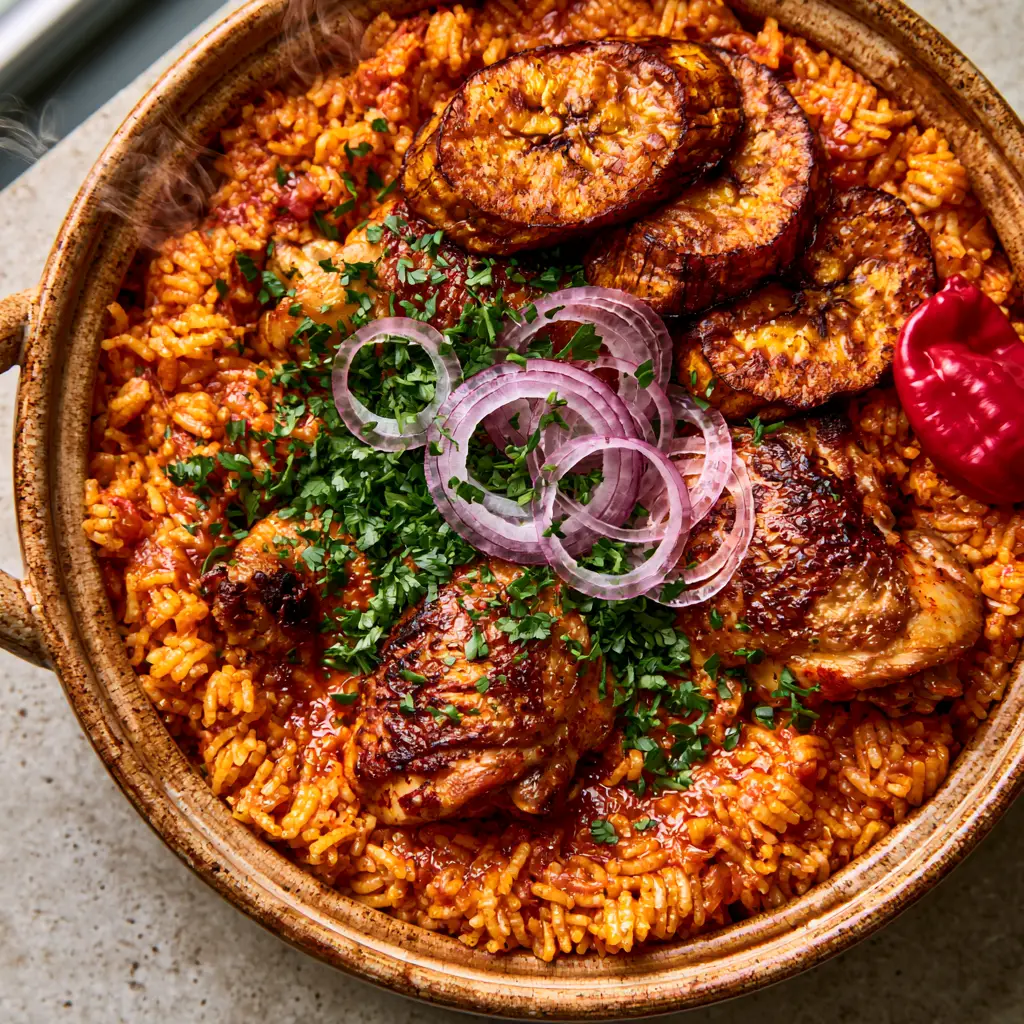 African Recipes: The Ultimate Smokey Jollof Rice with Charred Chicken 1 Rustic ceramic pot filled with steaming Jollof rice, topped with caramelized plantains and thin red onion rings.